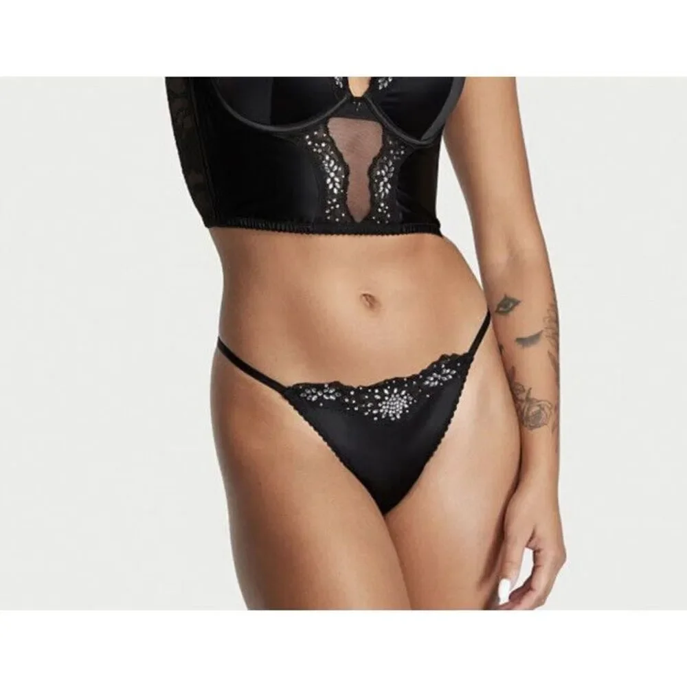 Victoria's‎ Secret Very Sexy Rhinestones Lace Trim Thong Sz M - Black